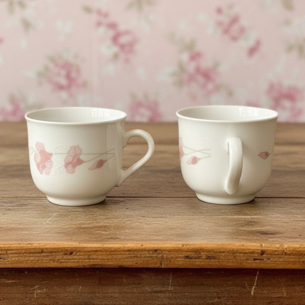 Arcopal France Linette Coffee Cups, Set of 2, Vtg Pink Flowers Design Drinkware